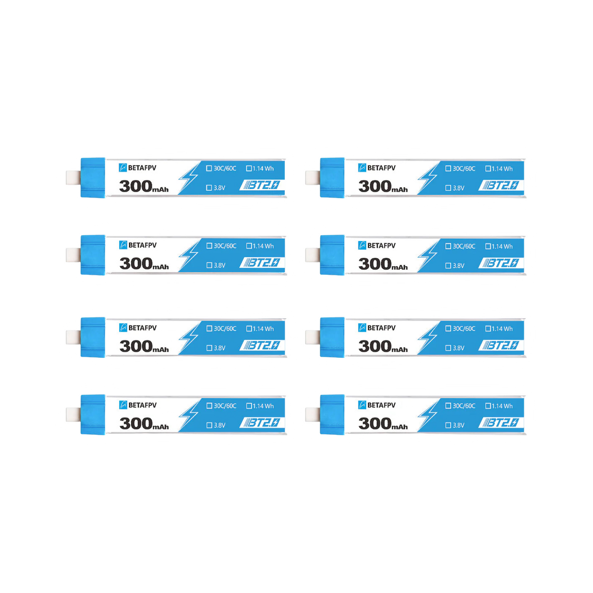 BetaFPV 300mAh 3.7V 1S 30C BT2.0 LiPo Battery (8 Pack) [DG]