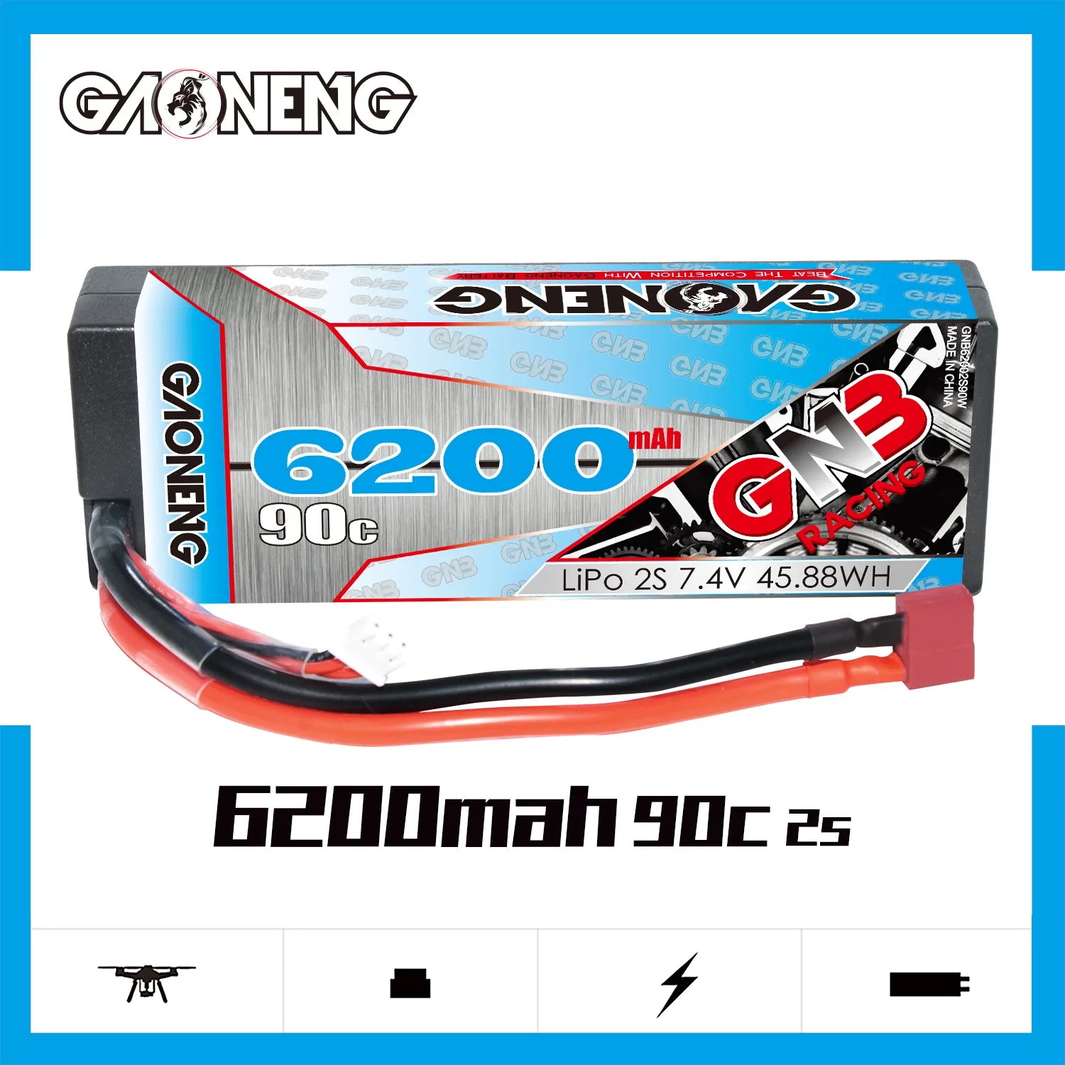 GAONENG GNB 2S 7.4V 6200mAh 90C Cabled Hard Case LiPo Battery T-Plug [DG]
