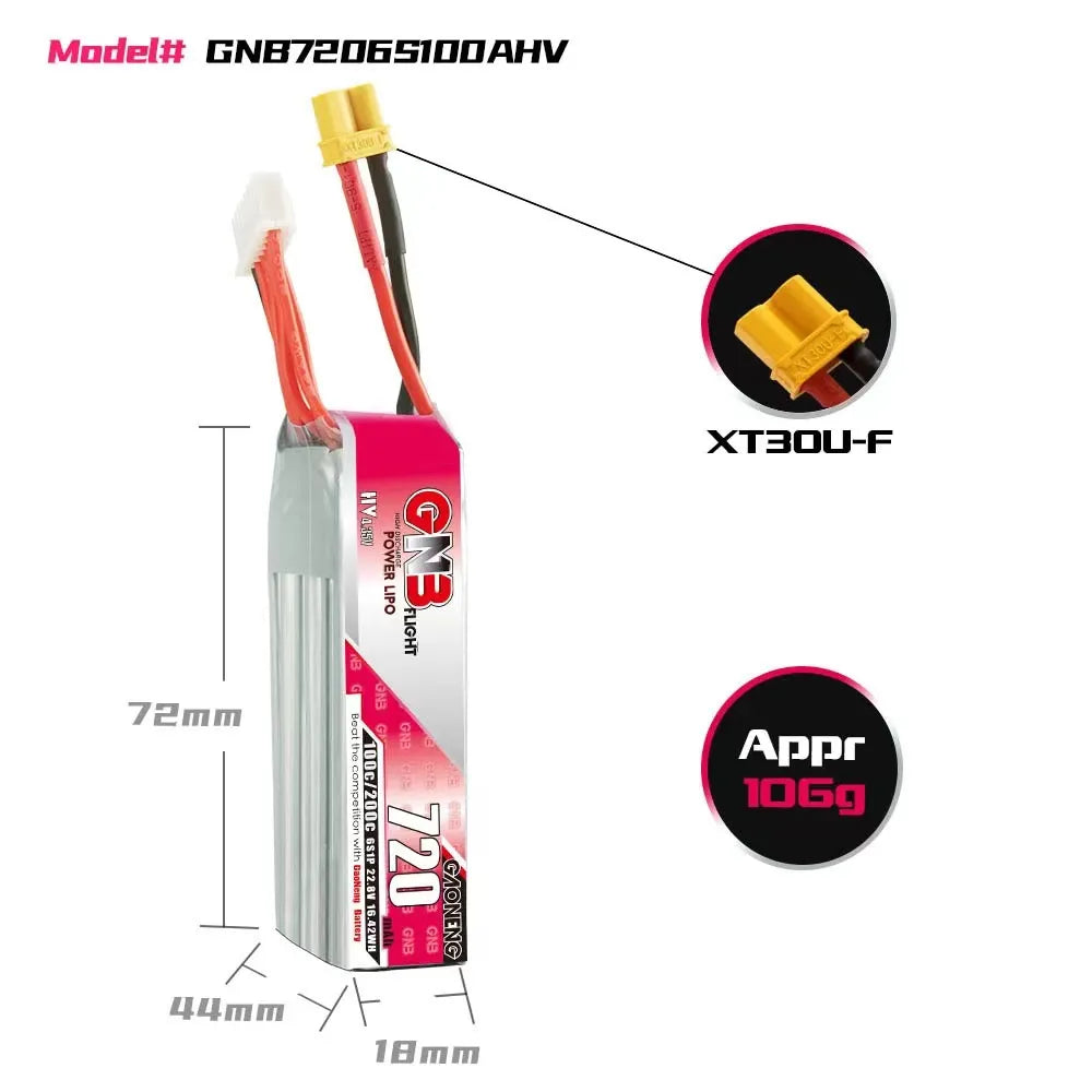 GAONENG GNB LiHV 6S 22.8V 720mAh 100C XT30 LiPo Battery Long Type [DG]
