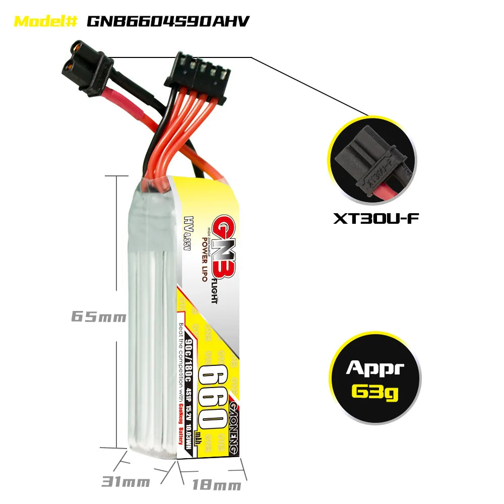 GAONENG GNB 4S 15.2V 660mAh 90C XT30 LiPo Battery Long Type [DG]