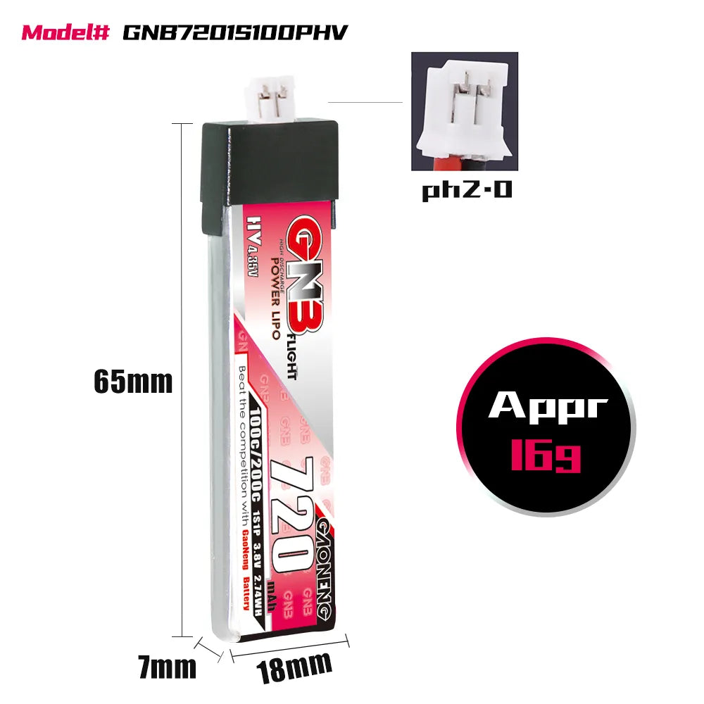 GAONENG GNB LiHV 1S 3.8V 720mAh 100C PH2.0 Plastic Head LiPo Battery [DG]