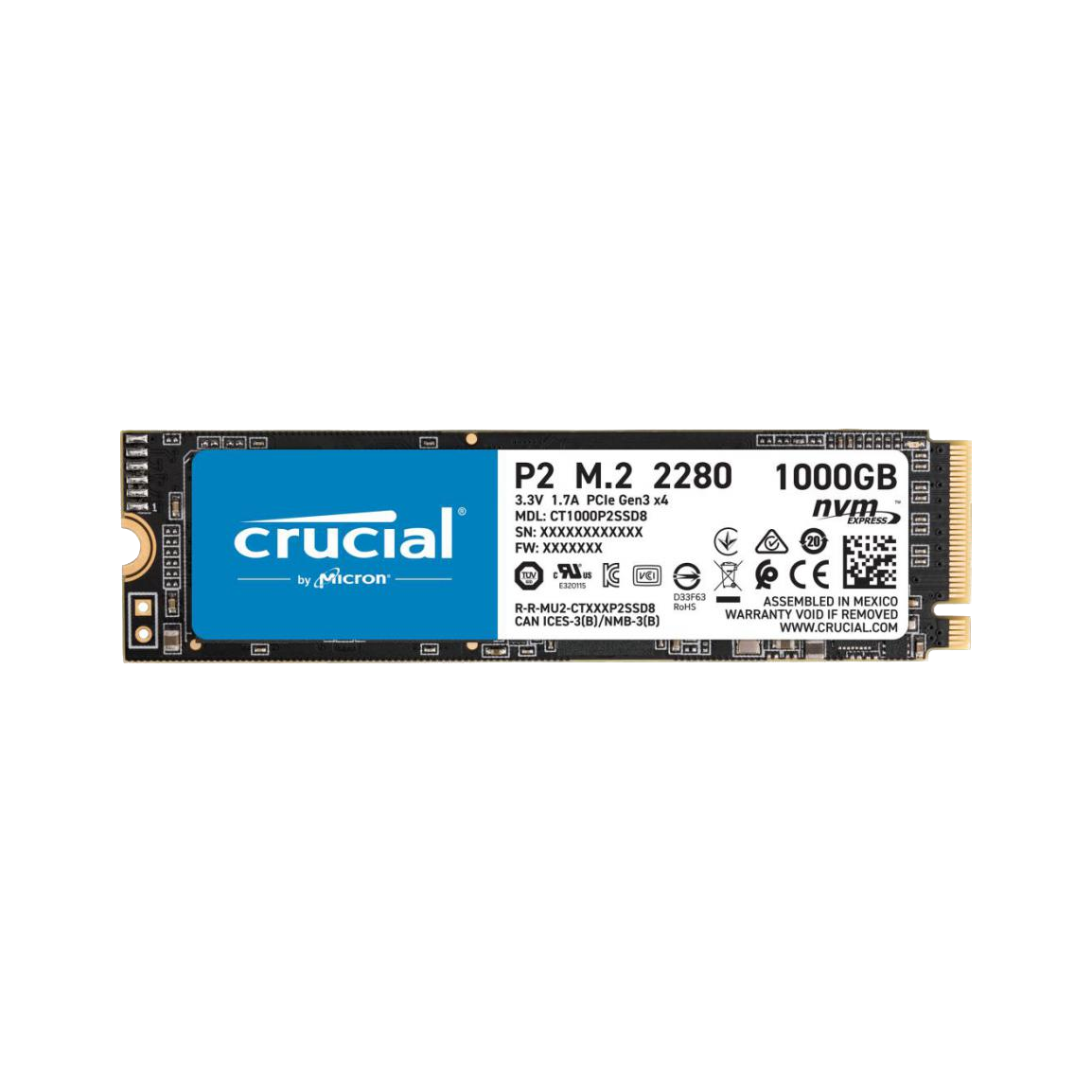 Crucial P2 1TB PCIe M.2 NVMe SSD 2400/1800 MB/s R/W 300TBW 1.5M hrs MTTF 5yrs wty [PC]