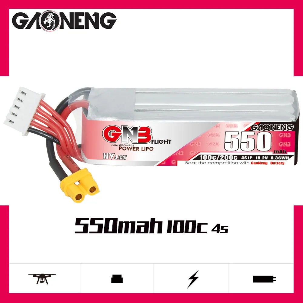 GAONENG GNB LiHV 4S 15.2V 550mAh 100C XT30 LiPo Battery Long Type [DG]