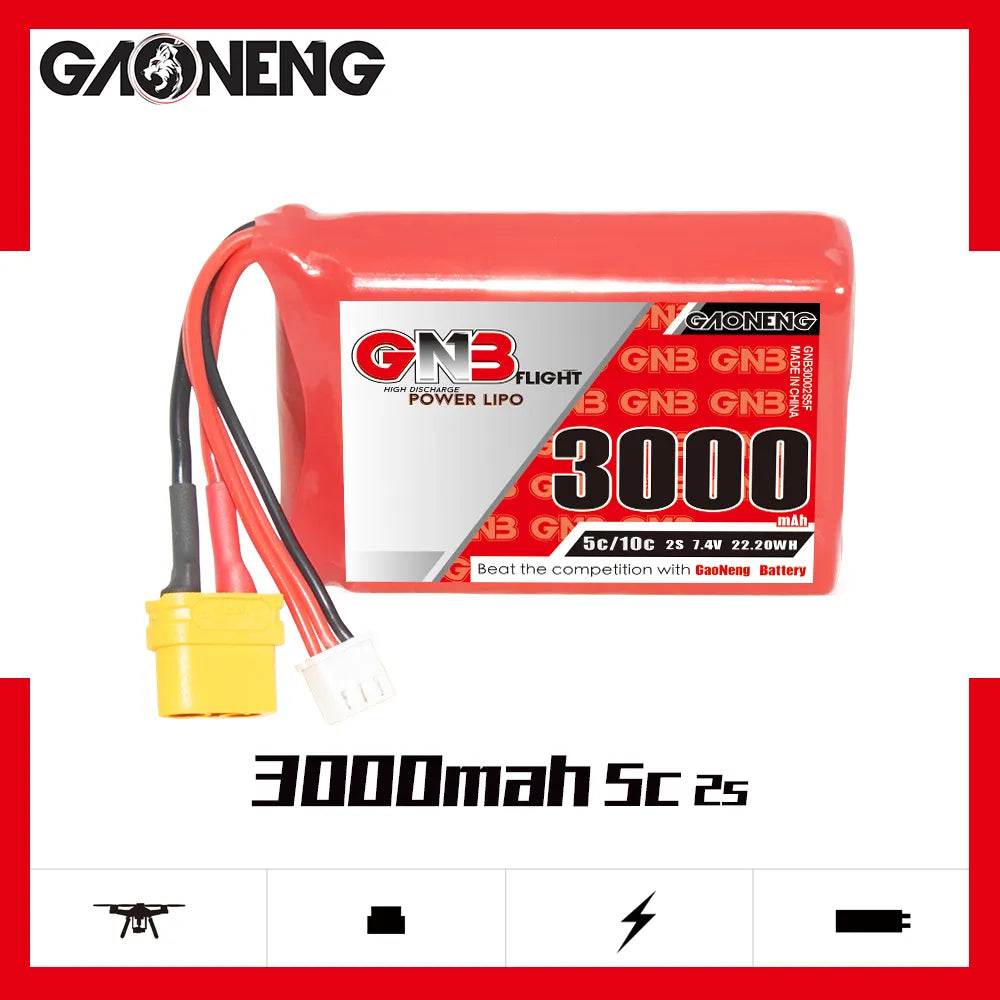 GAONENG GNB 2S 7.4V 3000mAh 5C LiPo Battery XT60 for Radiomaster TX12 [DG]