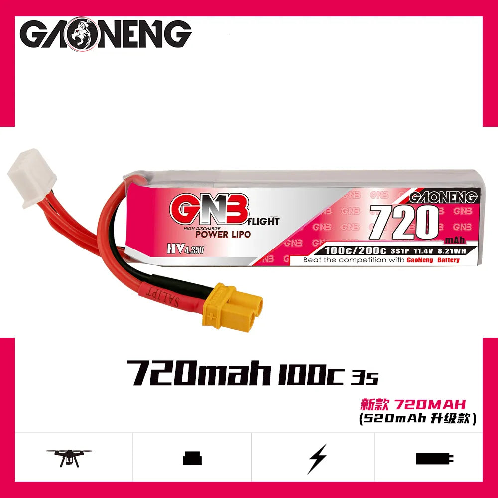 GAONENG GNB LiHV 3S 11.4V 720mAh 100C XT30 LiPo Battery [DG]