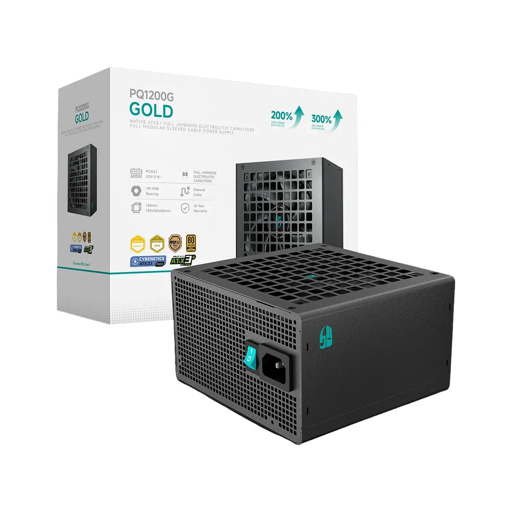 DeepCool PQ1200G power supply — transparent dark-mode product image