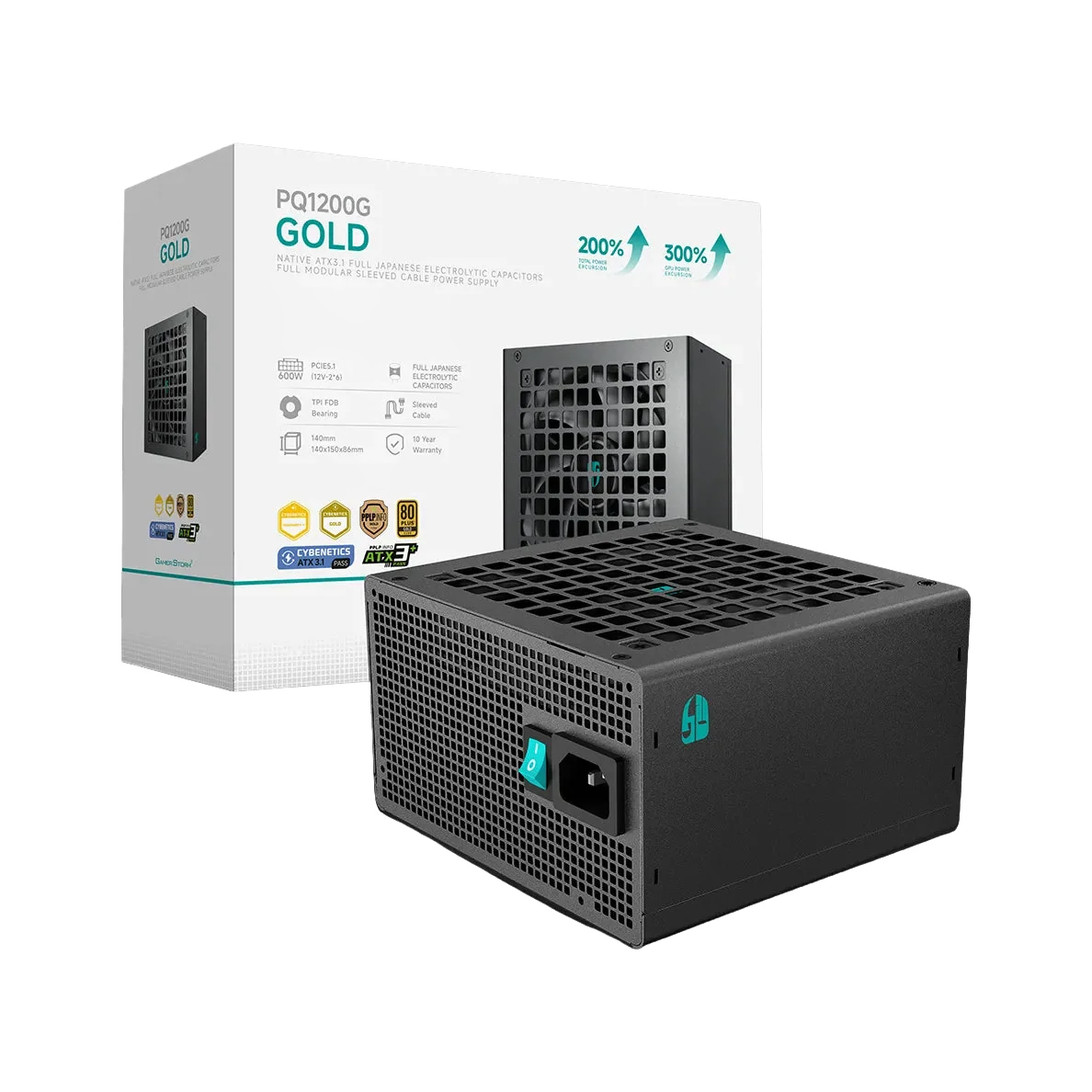 DeepCool PQ1200G power supply — transparent dark-mode product image