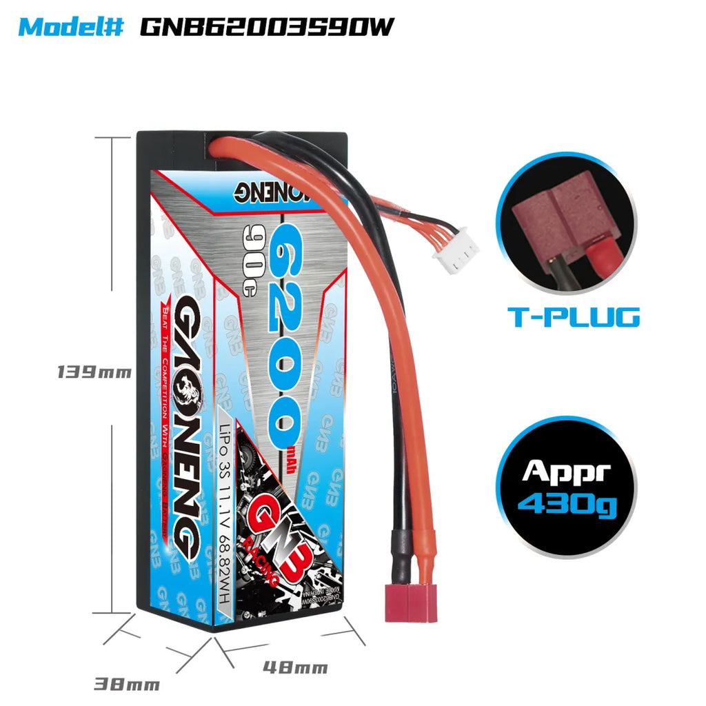 GAONENG GNB 3S 11.1V 6200mAh 90C Cabled Hard Case LiPo Battery T-PLUG [DG]