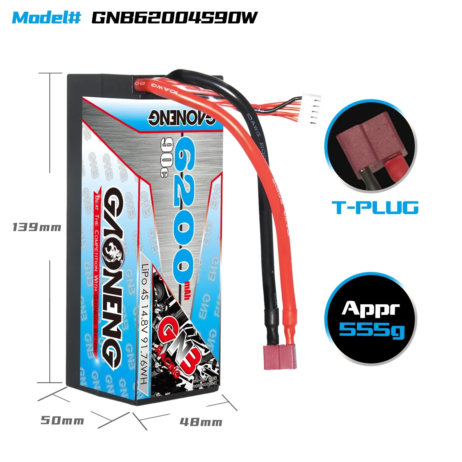 GAONENG GNB 4S 14.8V 6200mAh 90C Cabled Hard Case LiPo Battery T-PLUG [DG]