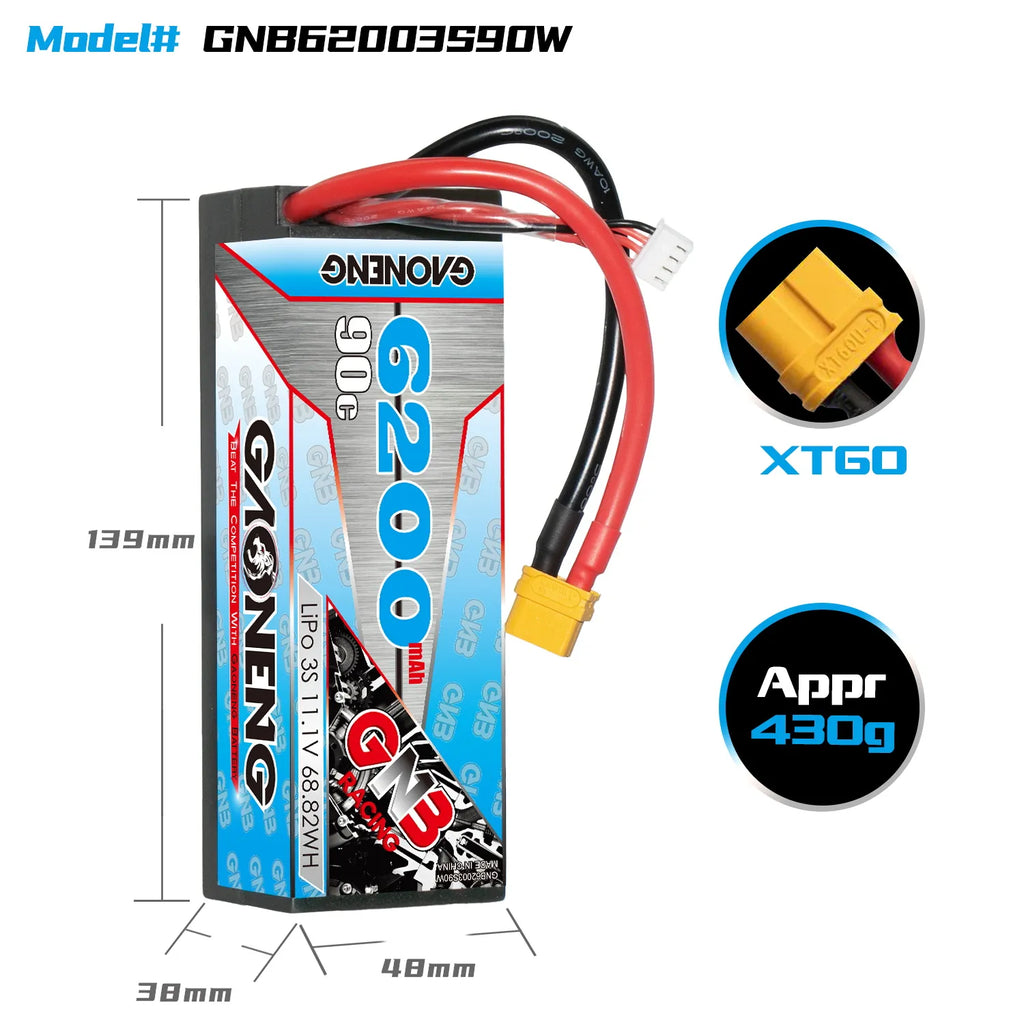 GAONENG GNB 3S 11.1V 6200mAh 90C Cabled Hard Case LiPo Battery XT60 [DG]