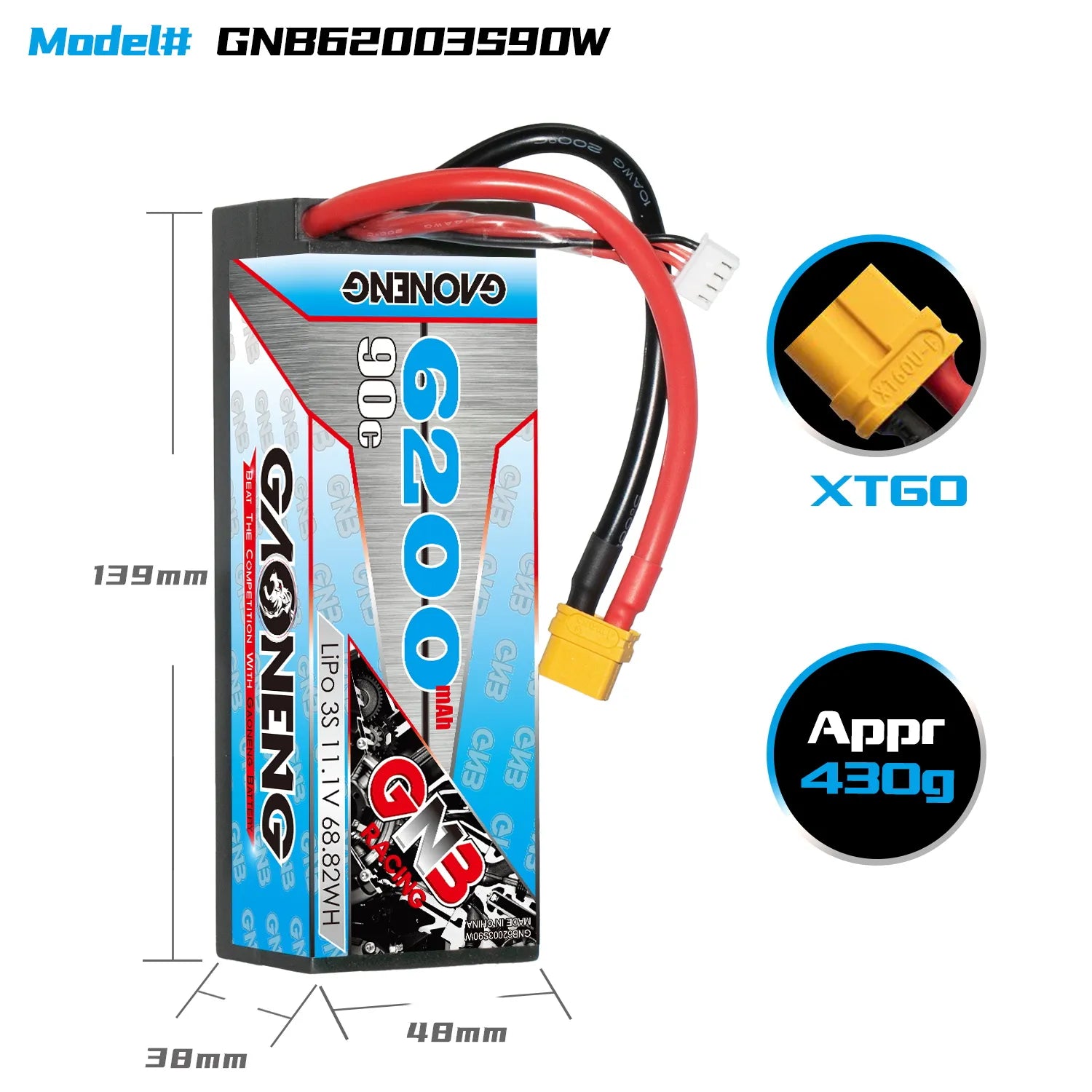 GAONENG GNB 3S 11.1V 6200mAh 90C Cabled Hard Case LiPo Battery XT60 [DG]