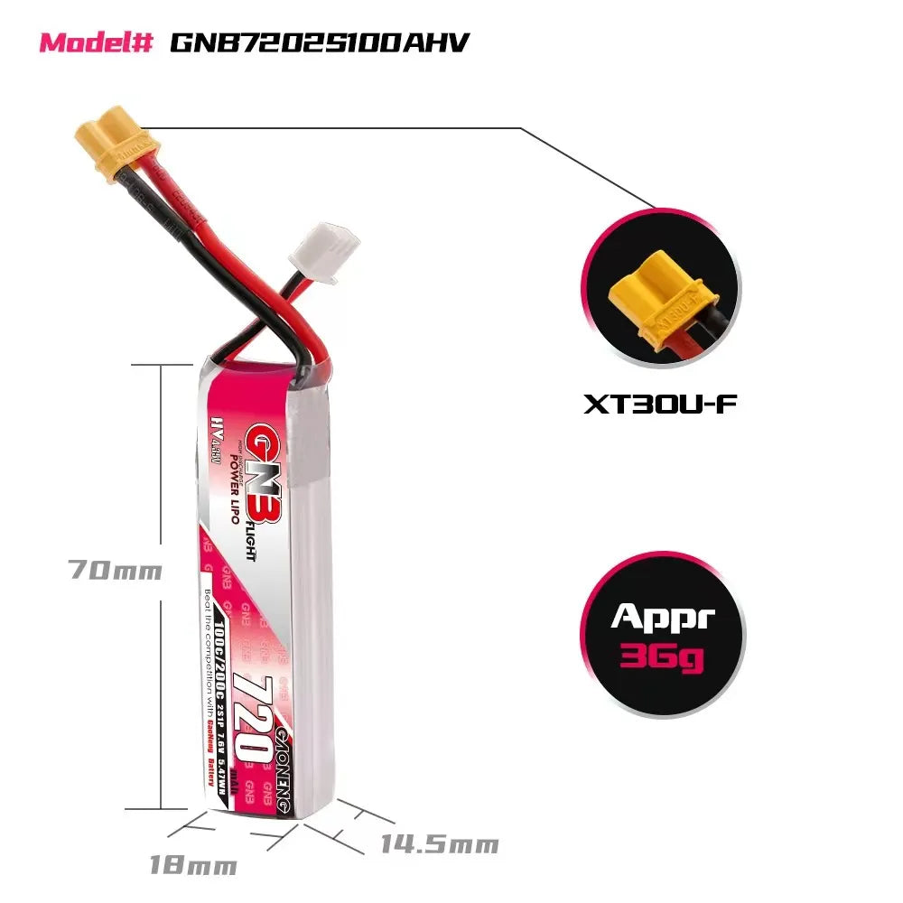 GAONENG GNB LiHV 2S 7.6V 720mAh 100C XT30 LiPo Battery [DG]