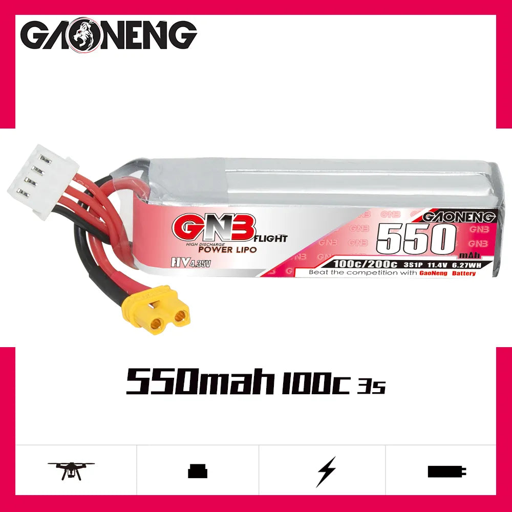 GAONENG GNB LiHV 3S 11.4V 550mAh 100C XT30 LiPo Battery Long Type [DG]