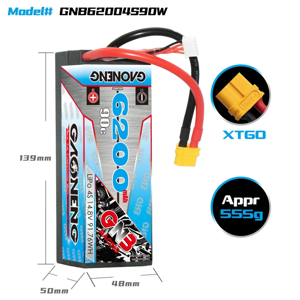 GAONENG GNB 4S 14.8V 6200mAh 90C Cabled Hard Case LiPo Battery XT60 [DG]