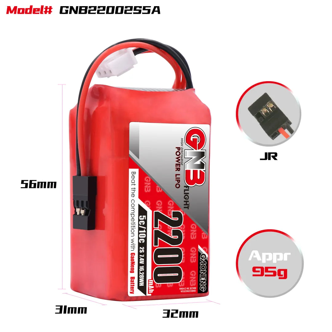 GAONENG GNB 2S 7.4V 2200mAh 5C LiPo Battery JR Plug for RX TX [DG]