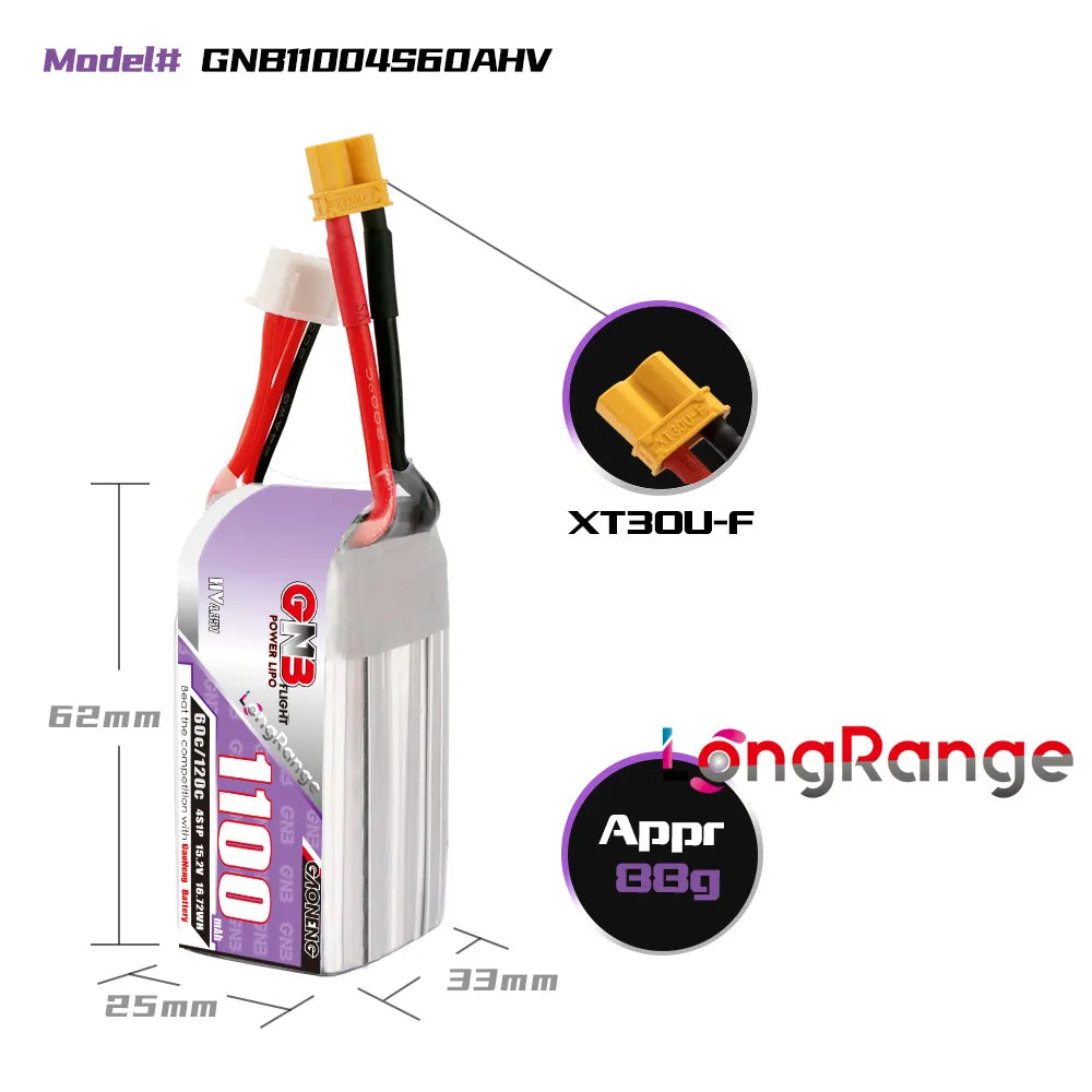 GAONENG GNB LiHV 4S 15.2V 1100mAh 60C XT30 LiPo Battery LongRange [DG]