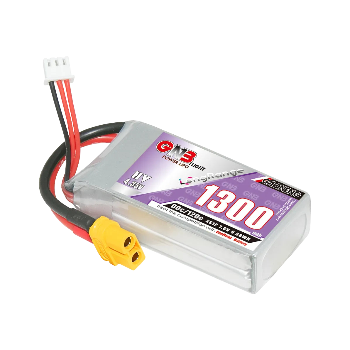 GNB 1300mAh 7.6V 2S 60C XT60 LiHV Battery Long Range [DG]