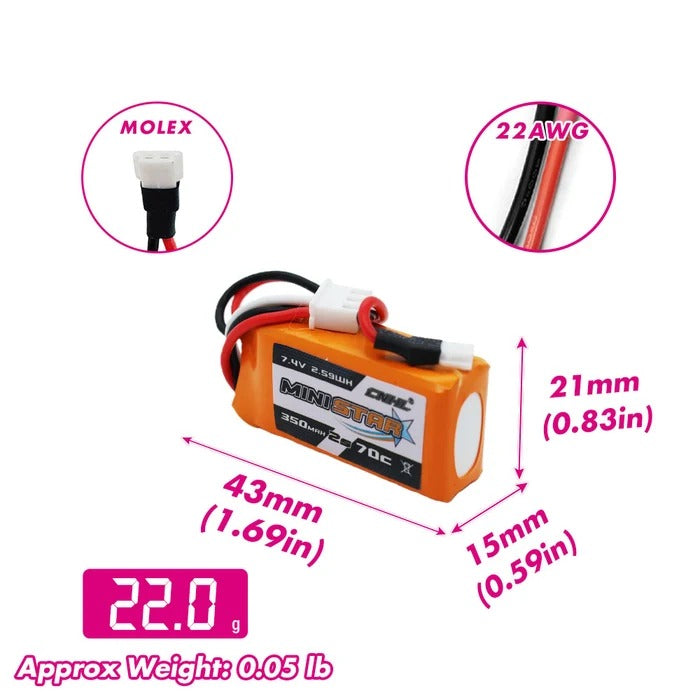 CNHL MiniStar 350mAh 2S 70C Battery for FMS FCX18 & FCX24 (Molex Plug)