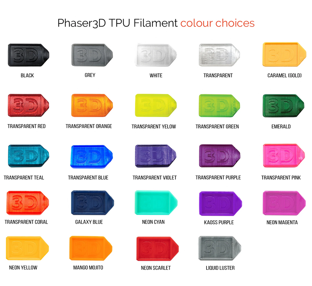 Phaser3D TPU 95 filament colour range image 2 on transparent background with Version 4 white halo