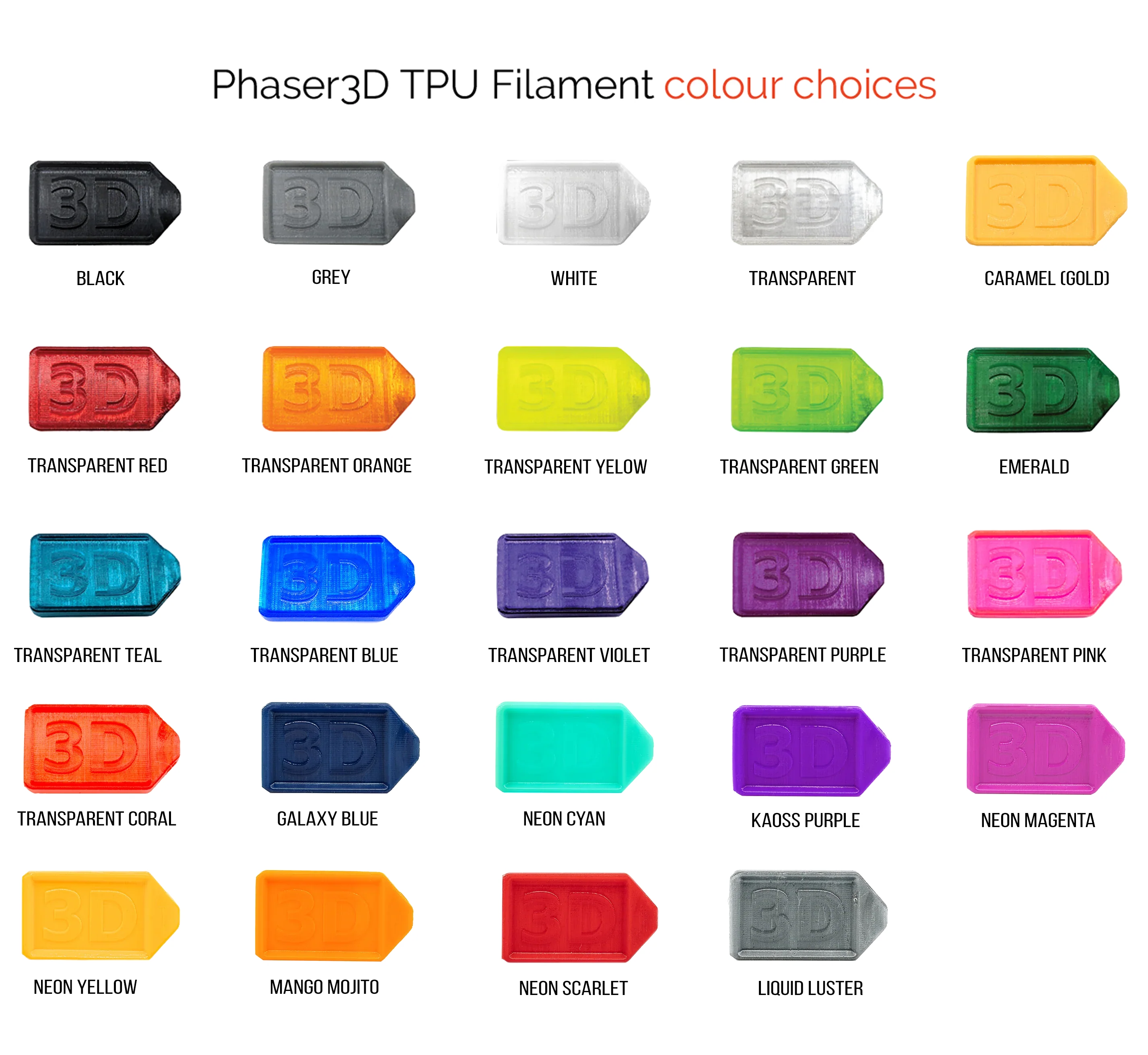 Phaser3D TPU 95 filament colour range image 2 on transparent background with Version 4 white halo