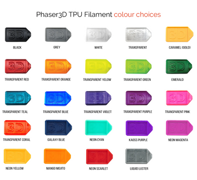 Phaser3D TPU 95 filament colour range image 2 on transparent background with Version 4 white halo