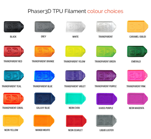 Phaser3D TPU 95 filament colour range image 2 on transparent background with Version 4 white halo