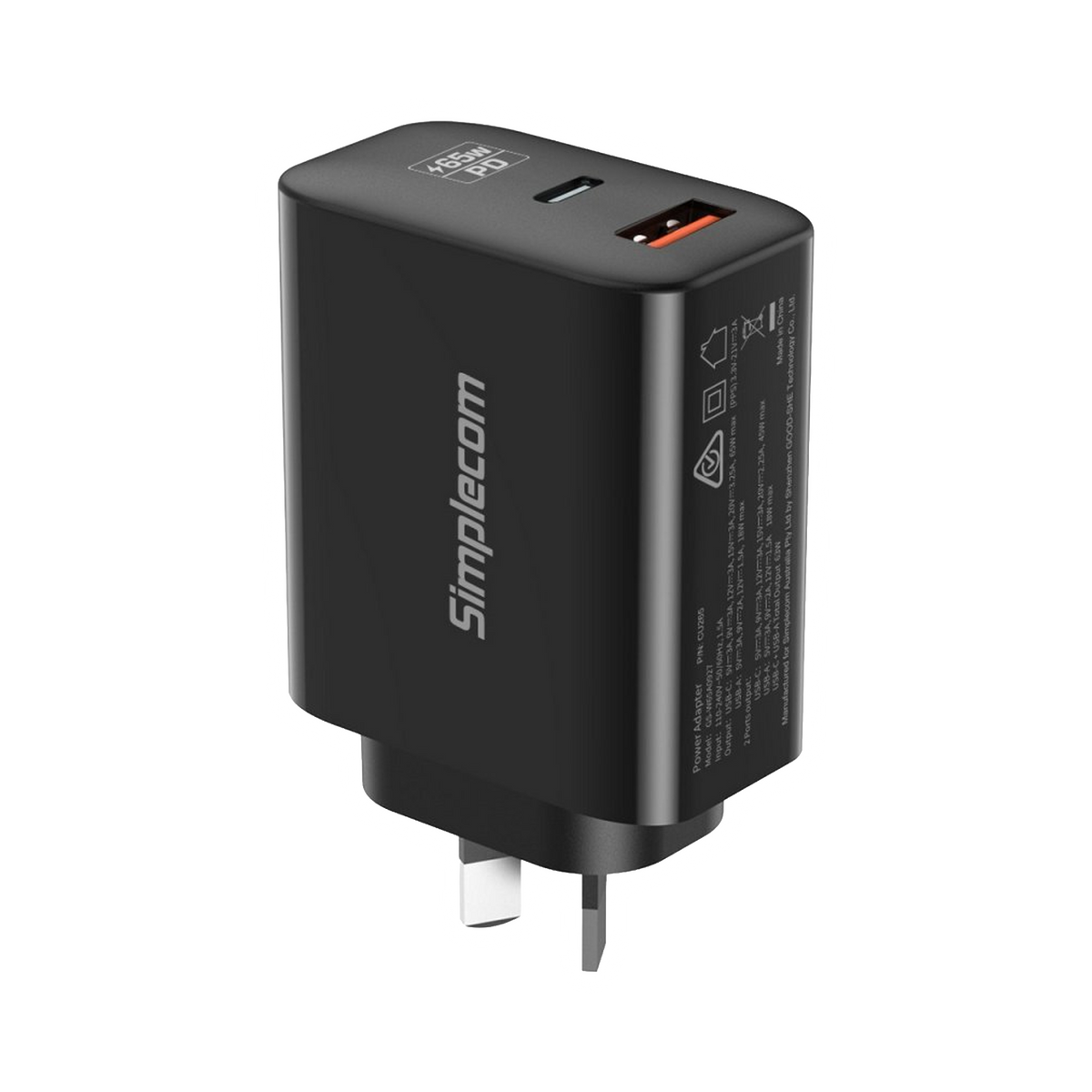 Simplecom CU265 Dual Port PD 65W GaN Fast Wall Charger USB-C + USB-A - product view 2