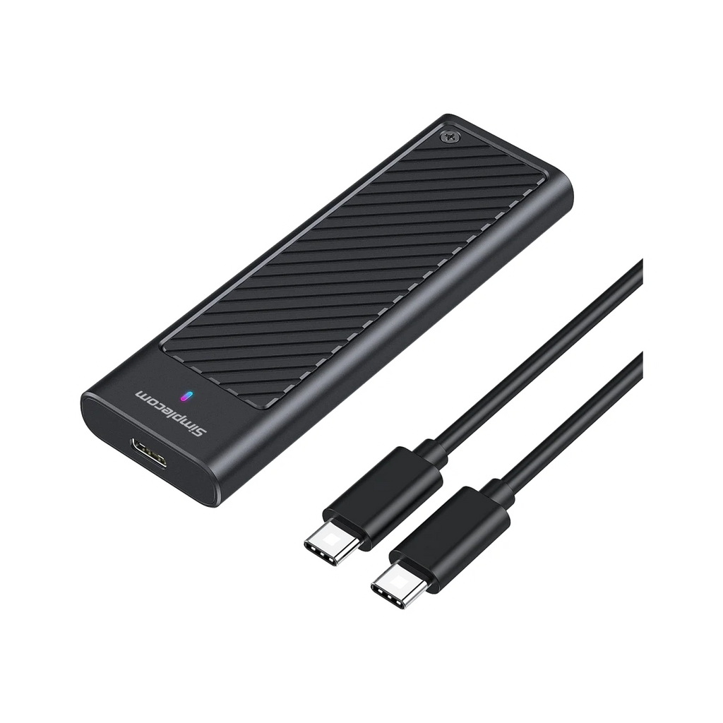 Simplecom SE538 M.2 SSD enclosure — transparent dark-mode product image