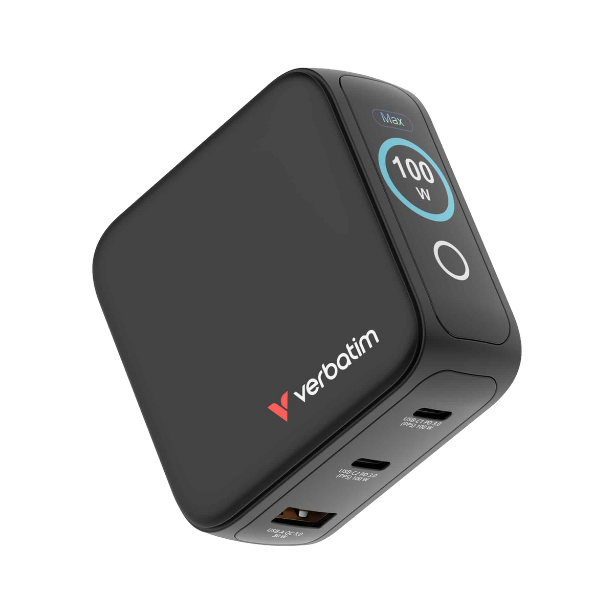 Verbatim Mini GaN Charger 100W with Display Compact 3-port wall charger with USB-C® Power Delivery and Quick Charge 3.0 [PC]