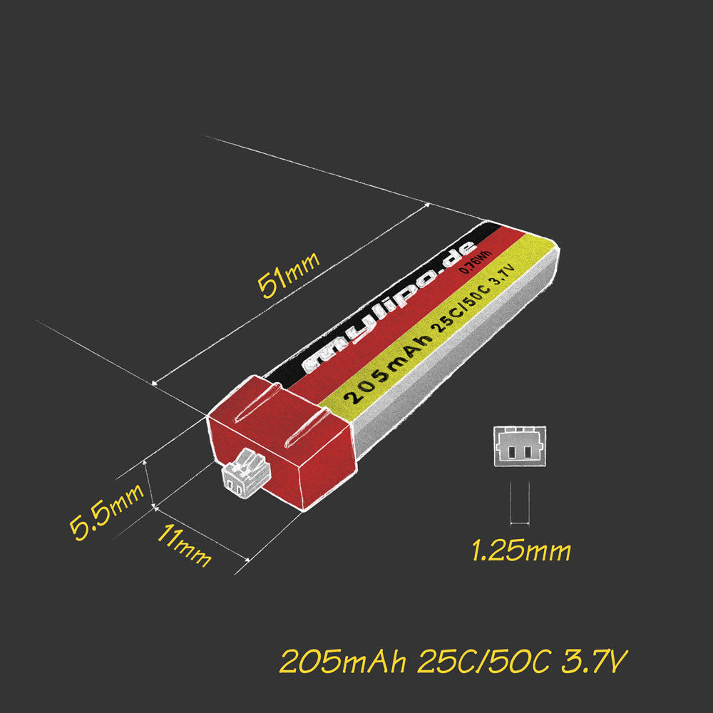 mylipo 205mAh 25C 1S LiPo Battery - Micro-JST Connector (6.0g) [DG]