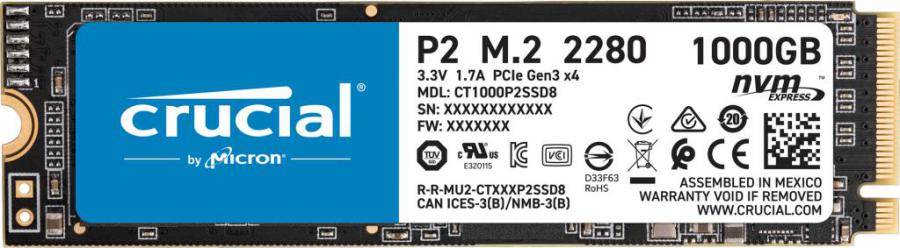 Crucial P2 1TB PCIe M.2 NVMe SSD 2400/1800 MB/s R/W 300TBW 1.5M hrs MTTF 5yrs wty [PC]