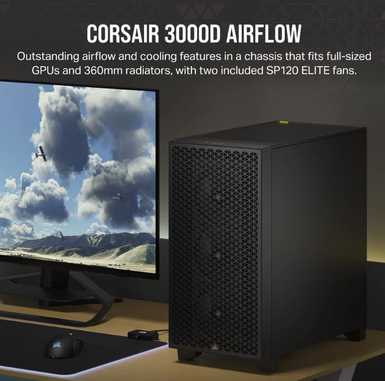 Corsair Carbide Series 3000D Solid Steel Front ATX Tempered Glass Black, 2x 120mm Fans pre-installed. USB 3.0 x 2, Audio I/O. Case [PC]