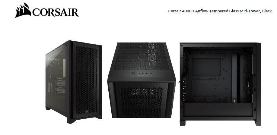Corsair Carbide Series 4000D Airflow ATX Tempered Glass Black, 2x 120mm Fans pre-installed. USB 3.0 and Type-C x 1, Audio I/O. Case CC-9011200-WW [PC]