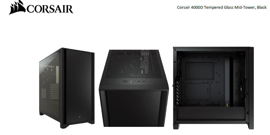 Corsair Carbide Series 4000D Solid Steel Front ATX Tempered Glass Black, 2x 120mm Fans pre-installed. USB 3.0 x 2, Audio I/O. Case (LS) CC-9011198-WW [PC]