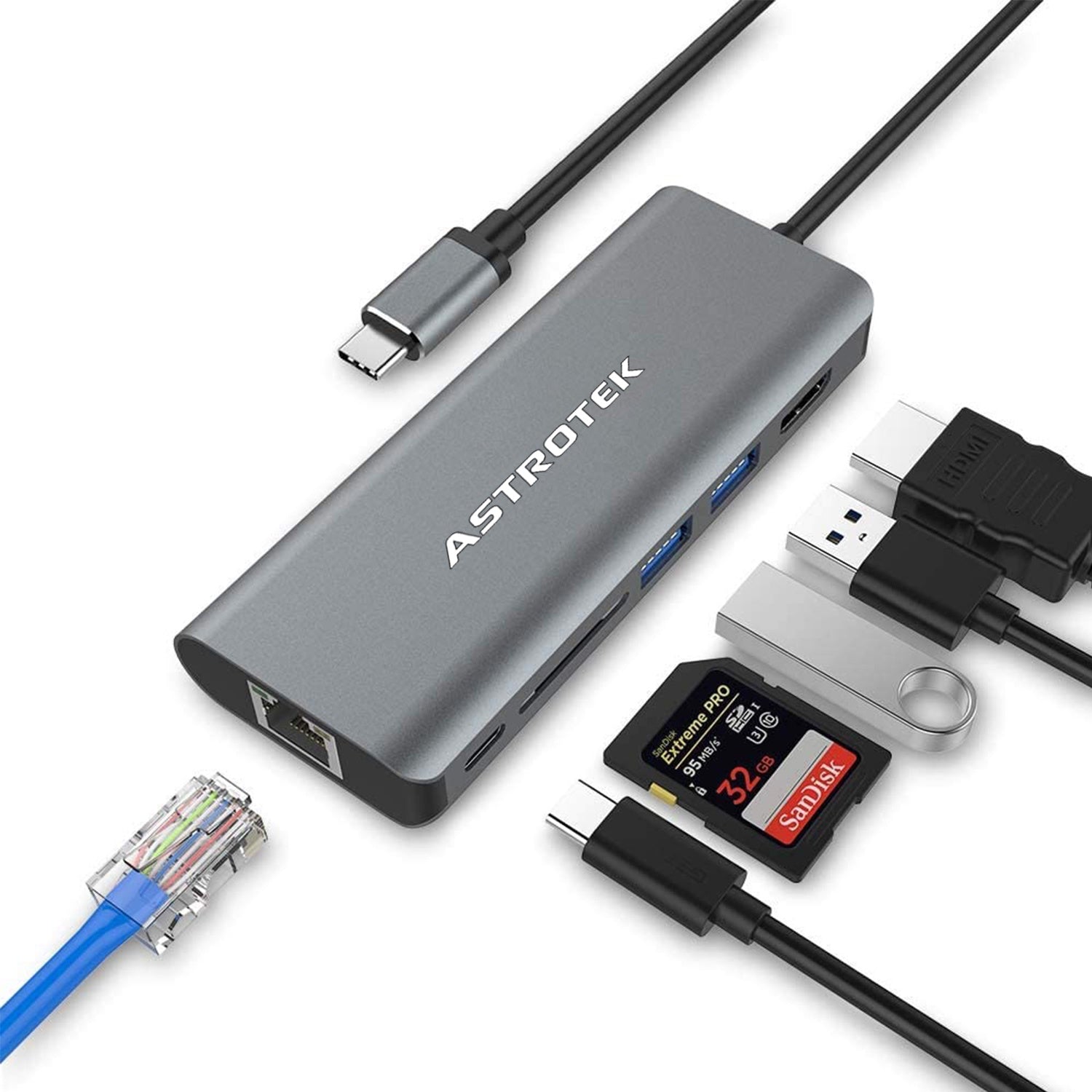 Astrotek USB-C Dock 6-in-1 Multiport Docking Station with 1xHDMI 4K 1xGLAN 2xUSB3.0 TF/SD Card Reader USB-C PD ~100W for Macbook Pro Air Chromebook [PC]
