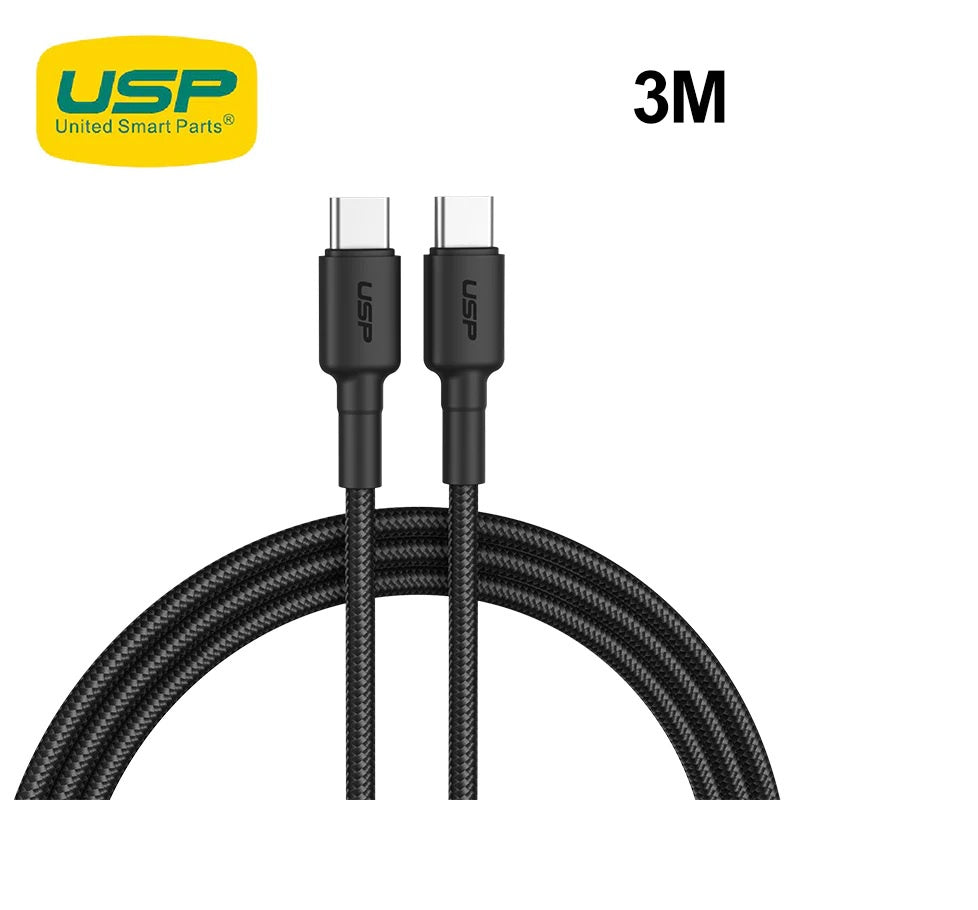USP BoostUp USB-C to USB-C Cable (3M) - Black (6972890207071), 3A Fast and Safe Charge, Strong and Durable Nylon Braided, Anti-Break, Avoid Knotting
