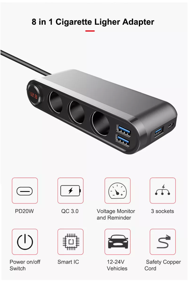 Cigarette 12/24v Triple Outlet with USB QC3 and Voltage Display