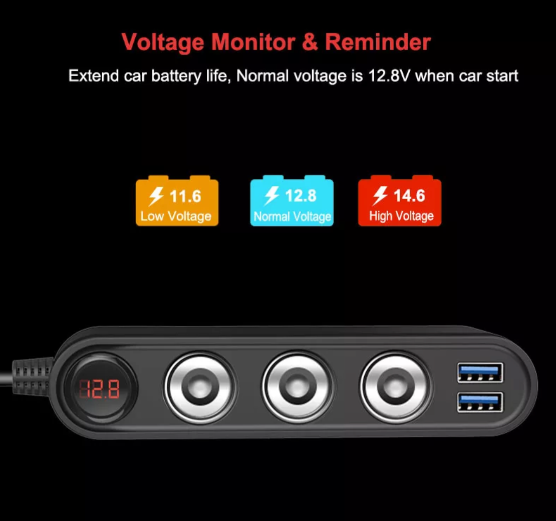 Cigarette 12/24v Triple Outlet with USB QC3 and Voltage Display