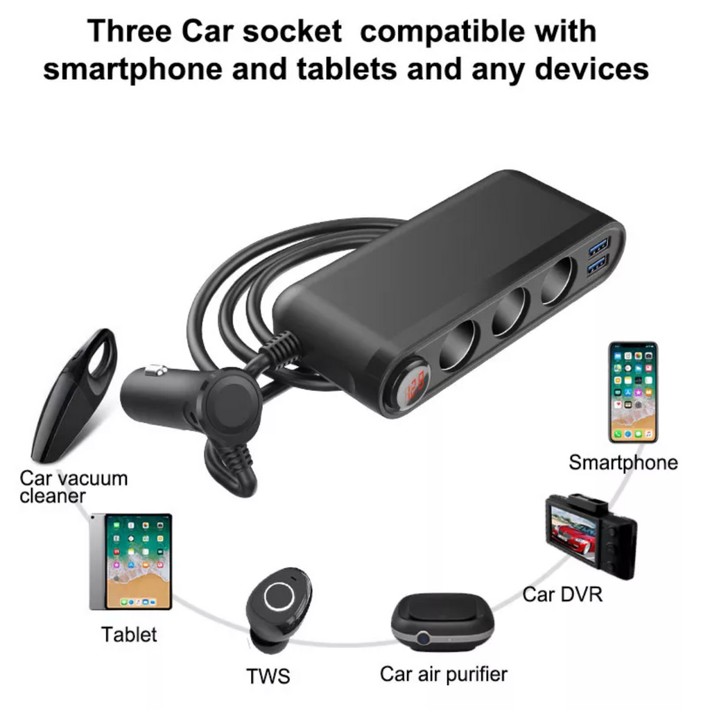 Cigarette 12/24v Triple Outlet with USB QC3 and Voltage Display