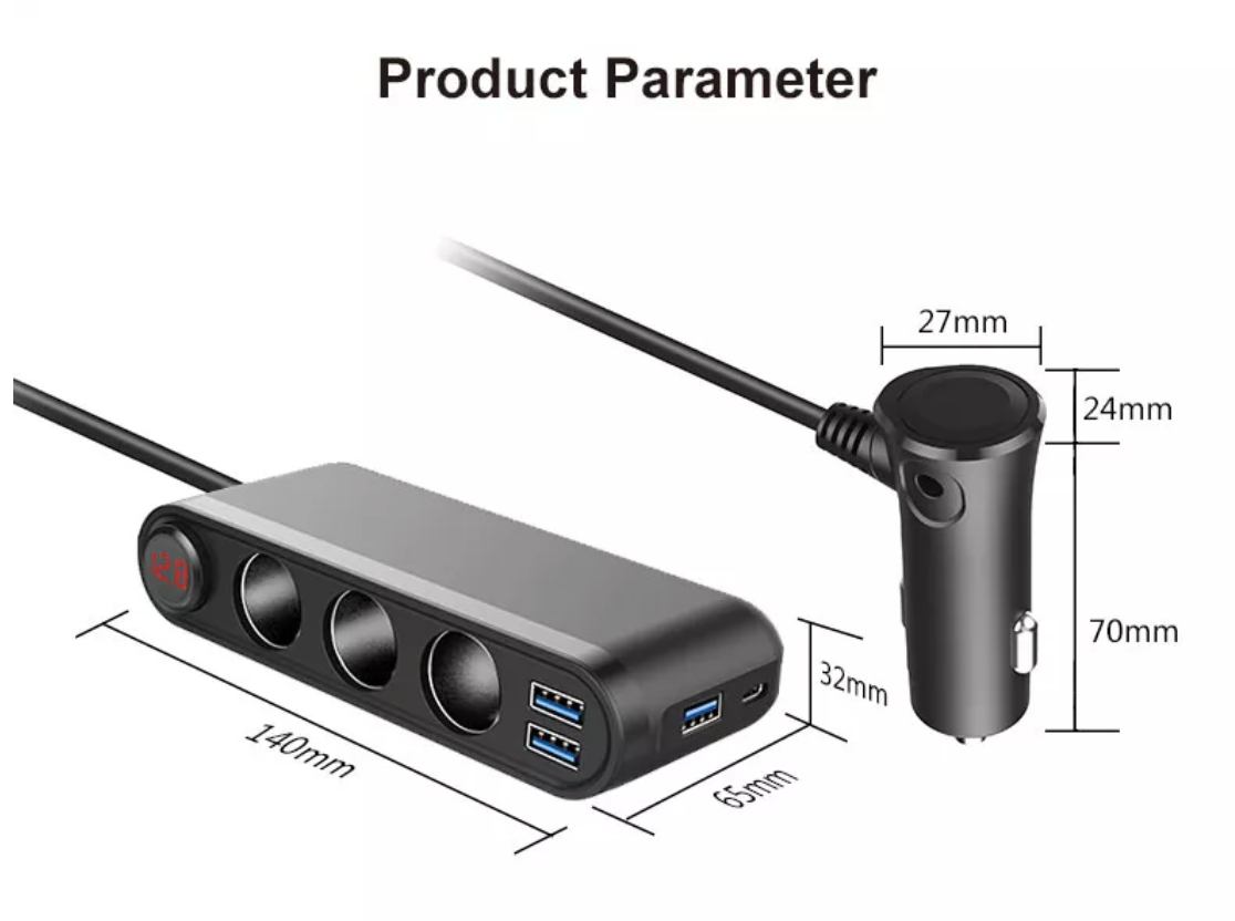 Cigarette 12/24v Triple Outlet with USB QC3 and Voltage Display