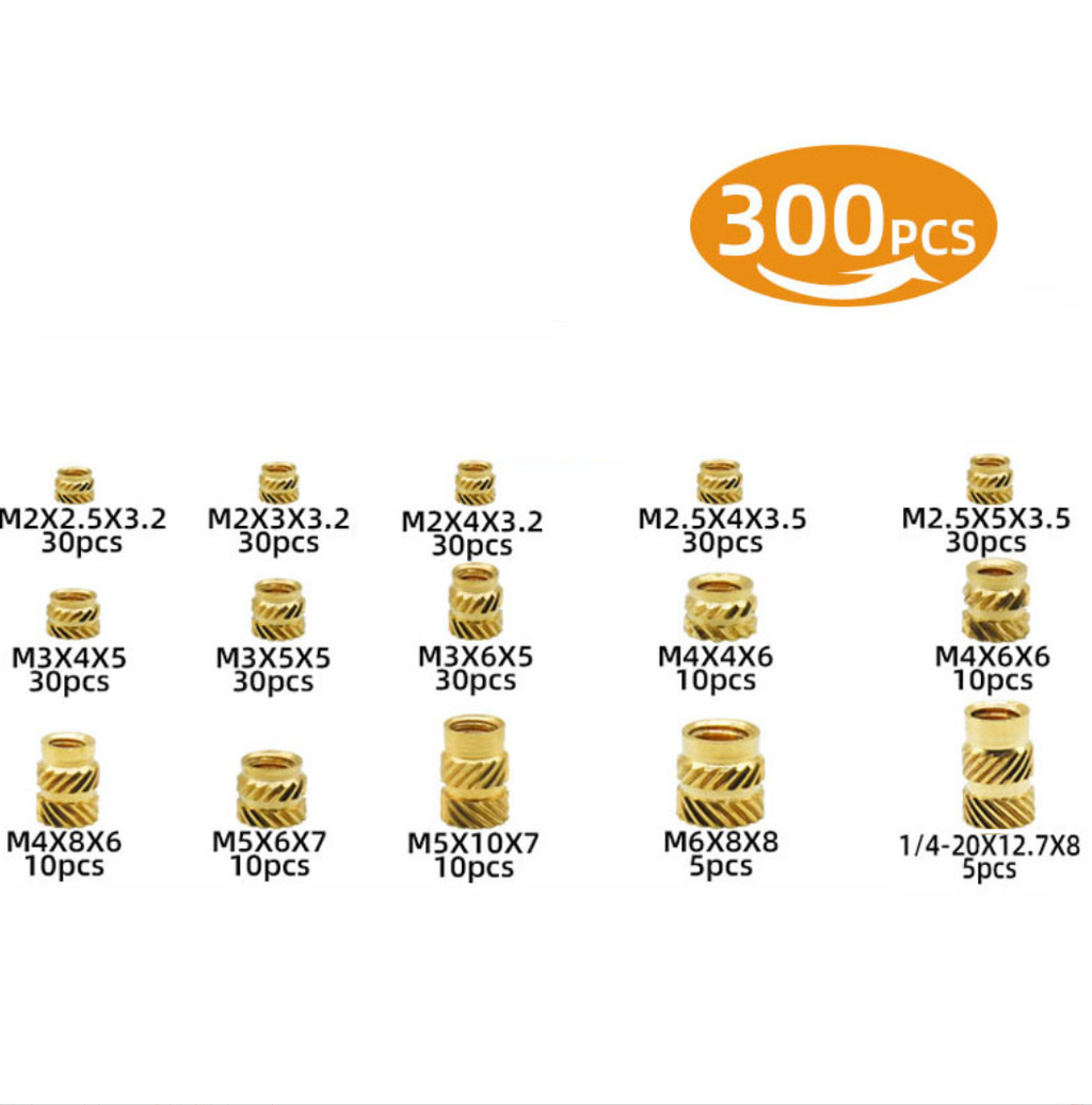 300 Piece M2, M3, M4 Threaded Knurled Brass Heat Set Insert Kit for 3D Printing