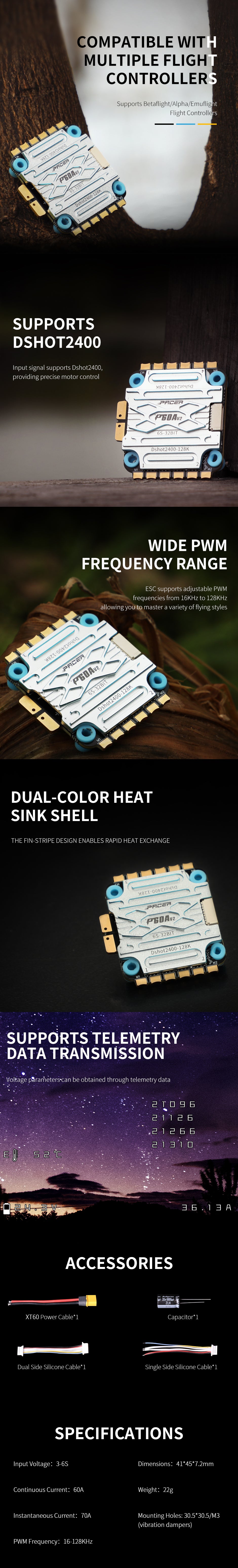 T-Motor T-Motor P60A V2 3-6S Dshot2400 4-in-1 BLHeli_32 128K ESC - 30.5x30.5