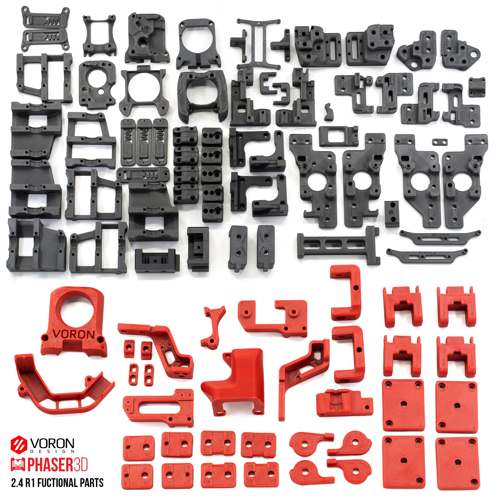 Voron 2.4 R1 Functional Parts Set Printed in Prusament Polycarbonate Carbon Fibre with Fire Engine Red Accents