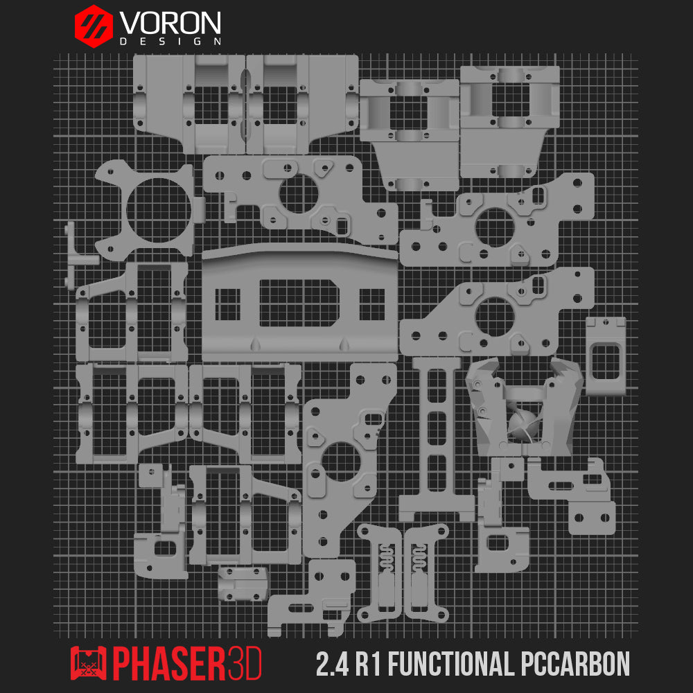 Voron 2.4 R1 Functional Parts Set Printed in Prusament Polycarbonate Carbon Fibre with Fire Engine Red Accents