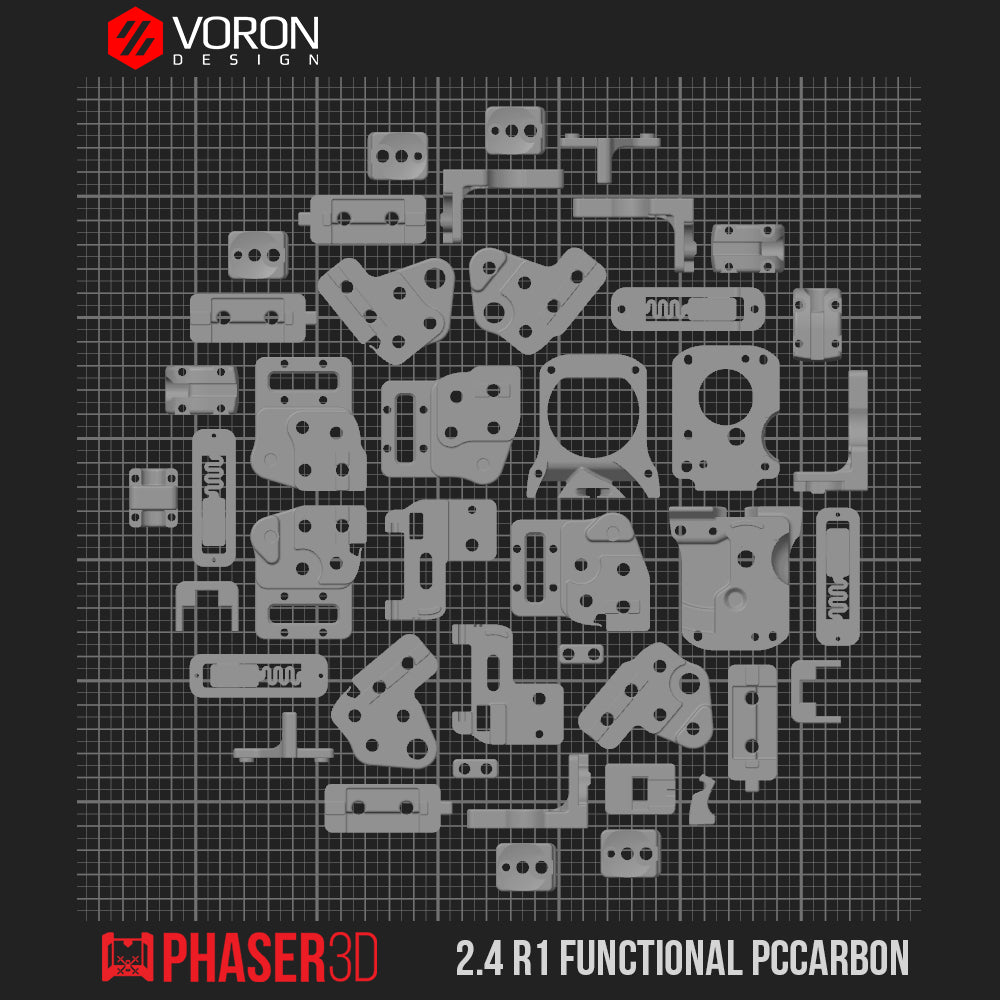 Voron 2.4 R1 Functional Parts Set Printed in Prusament Polycarbonate Carbon Fibre with Fire Engine Red Accents