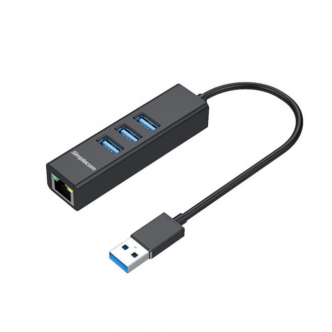 Simplecom CHN420 Black Aluminium 3 Port SuperSpeed USB HUB with Gigabit Ethernet Adapter [PC]
