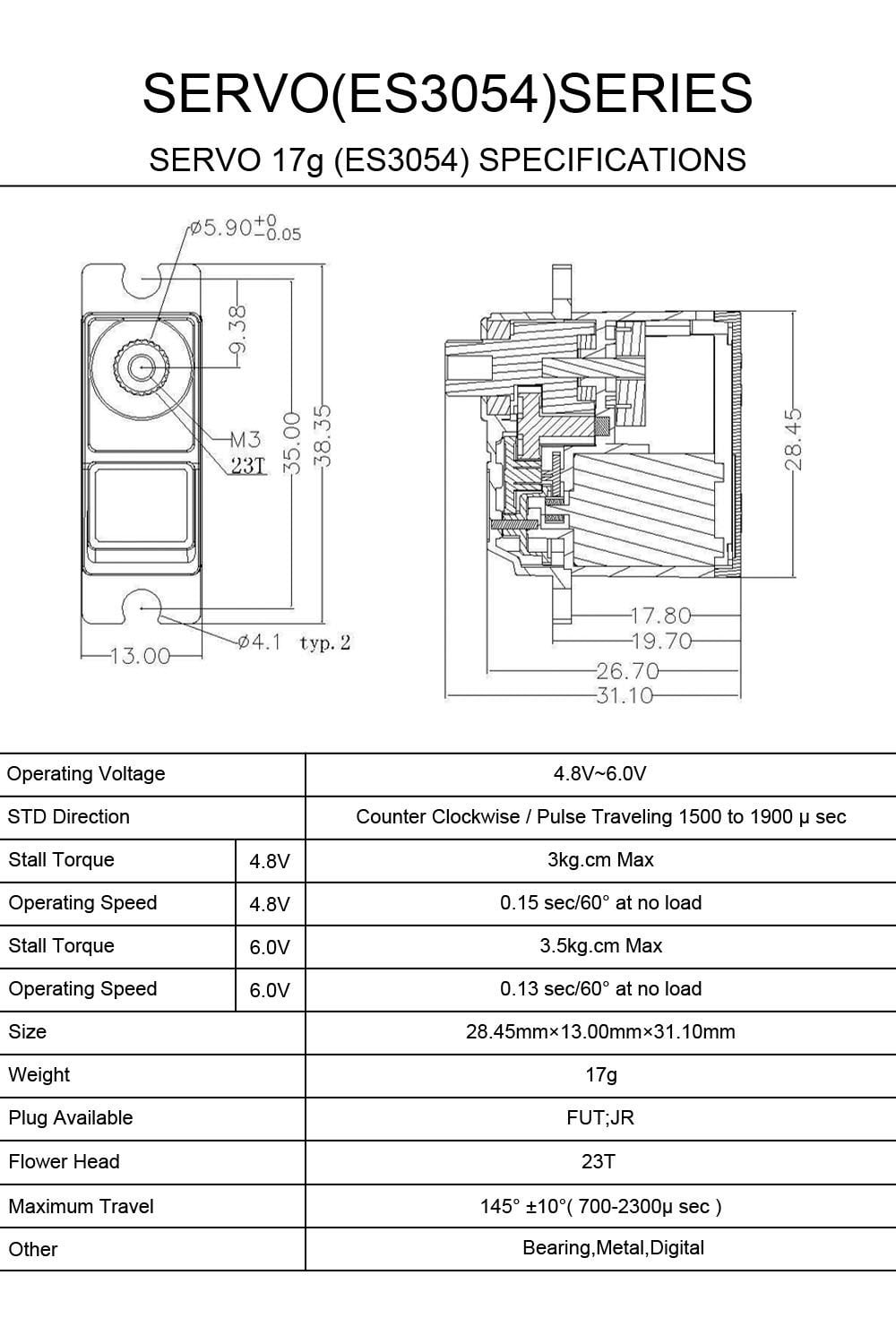 EMAX ES3054 17g 3.5kg 0.13sec 23T Metal Gear Digital Servo ES3154 upgrade