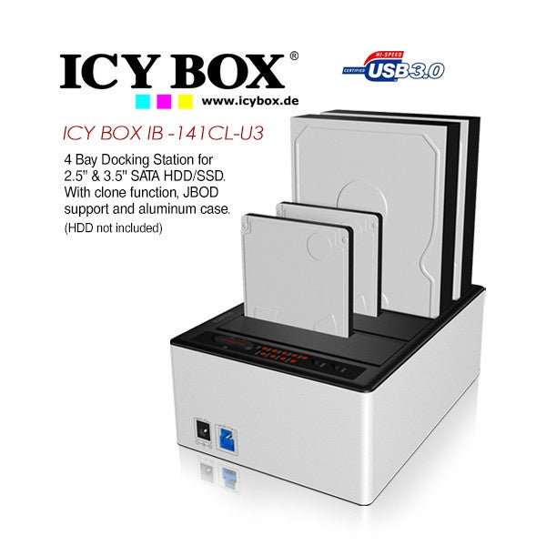 ICY BOX IB-141CL-U3 Docking and Clone station for 4x2.5" or 4x 3.5" SATA HDD to USB 3.0 Host, JBOD + cloning function, Aluminum , Black+ Silver Color [PC]