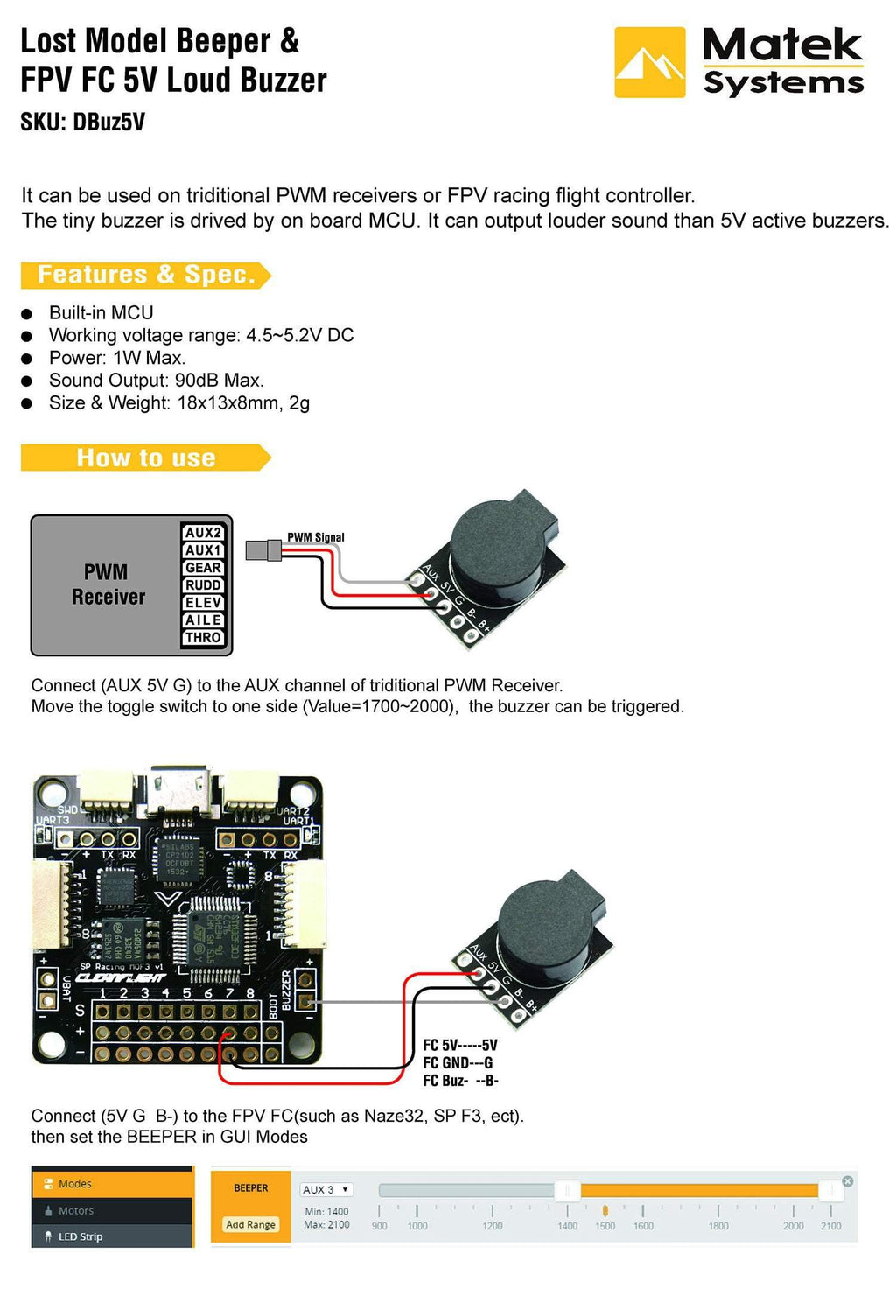 Matek 5v Loud Buzzer Lost Model Beeper DBuz5V